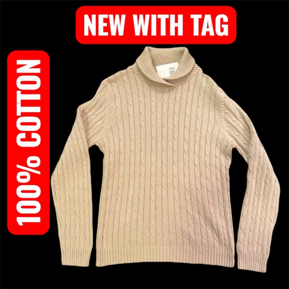 Beige Cable Knit Turtleneck Sweater 100% Cotton Women's XL New Pullover
